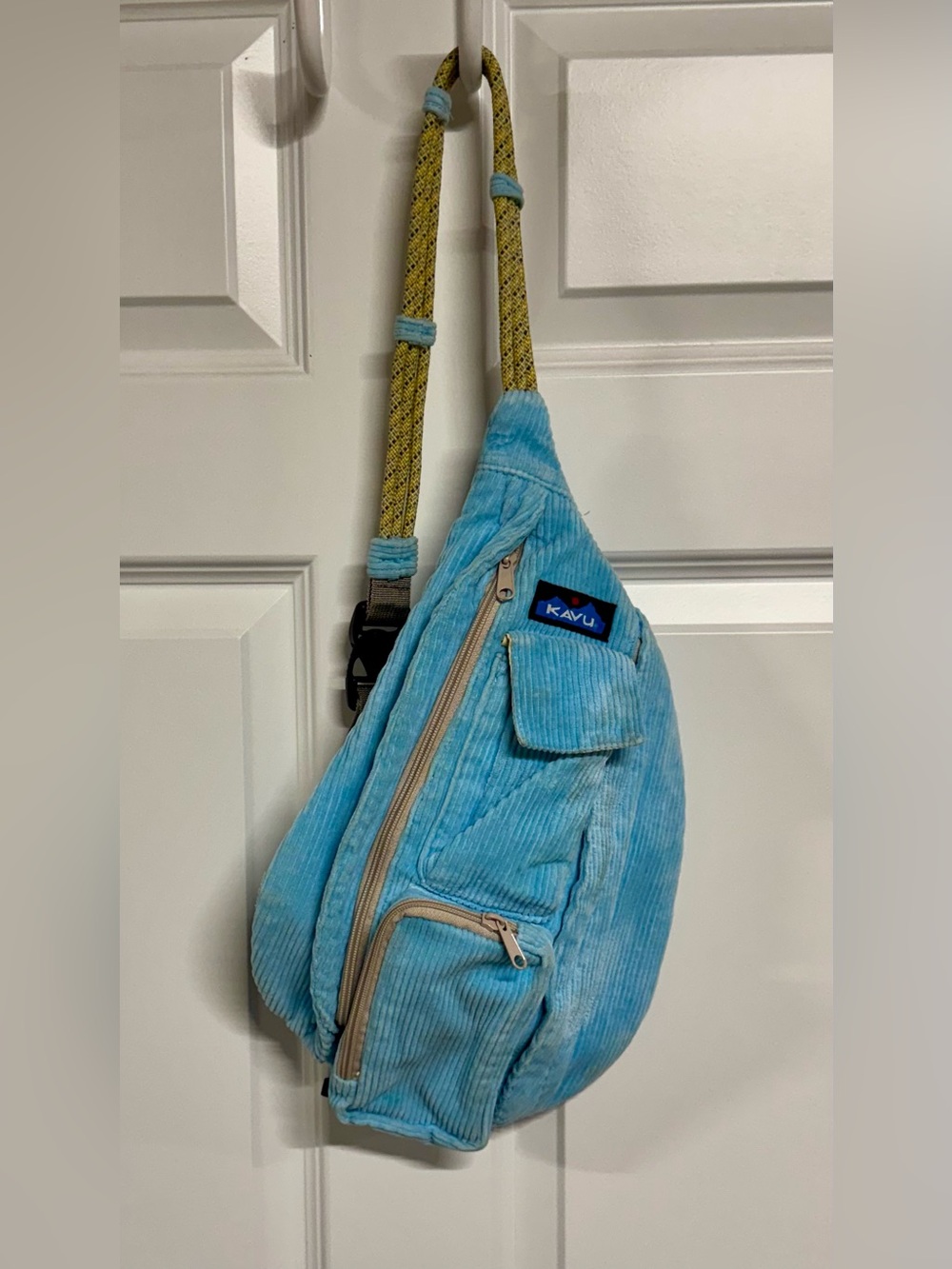Kavu Light Blue Corduroy Sling Bag with Yellow Strap